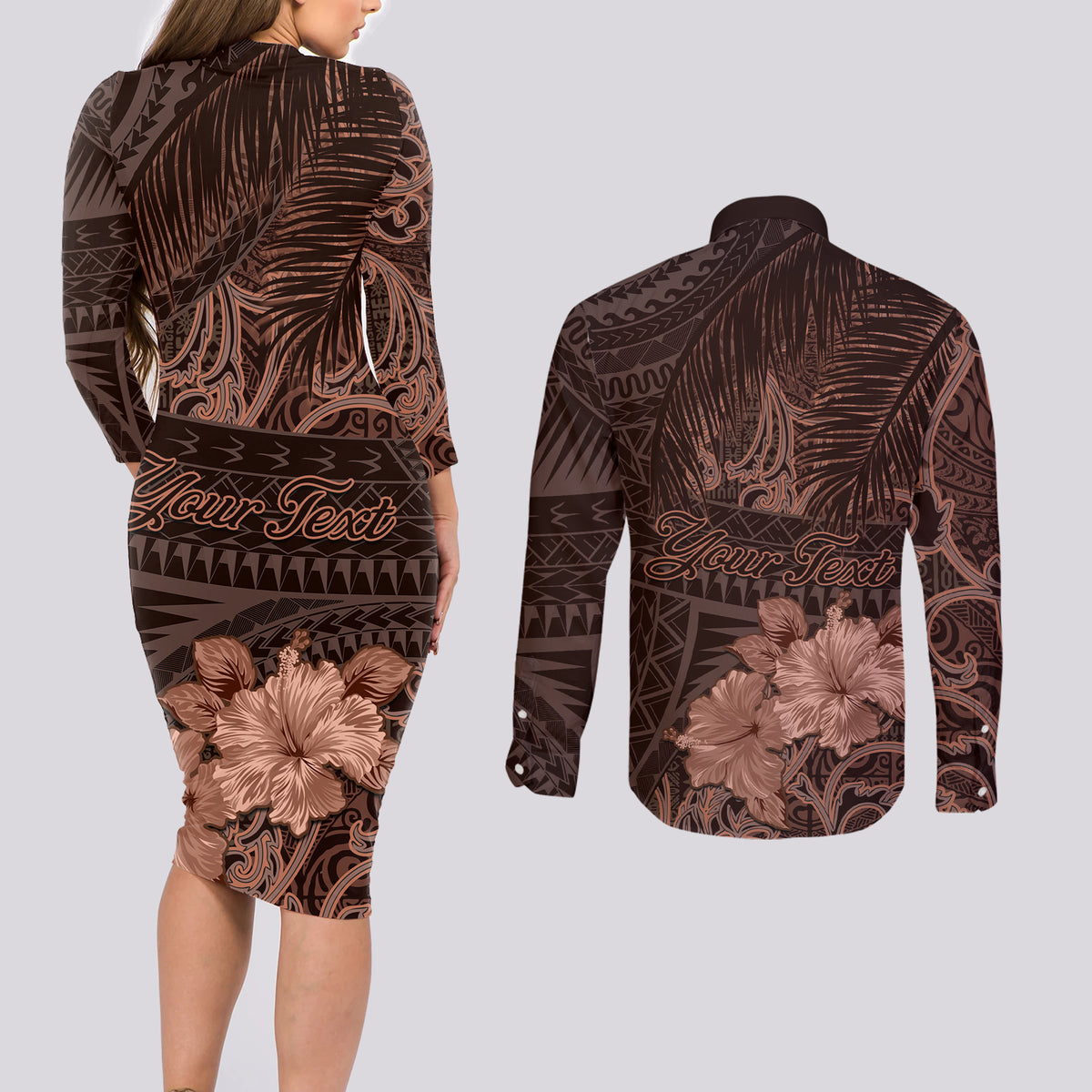 Bula Fiji Masi Couples Matching Long Sleeve Bodycon Dress and Long Sleeve Button Shirt Fijian Tapa Vintage Dark Brown Version LT01 - Polynesian Pride