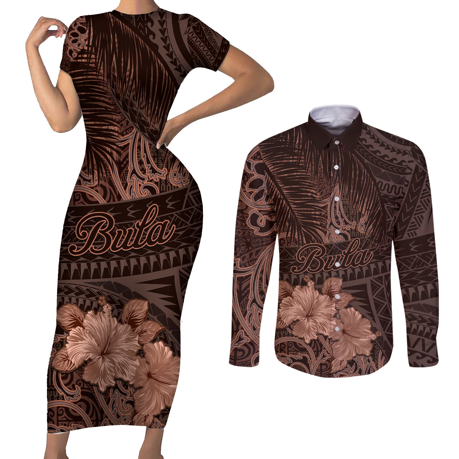 Bula Fiji Masi Couples Matching Short Sleeve Bodycon Dress and Long Sleeve Button Shirt Fijian Tapa Vintage Dark Brown Version LT01 Brown - Polynesian Pride