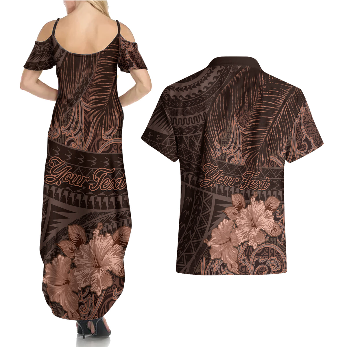 Bula Fiji Masi Couples Matching Summer Maxi Dress and Hawaiian Shirt Fijian Tapa Vintage Dark Brown Version LT01 - Polynesian Pride