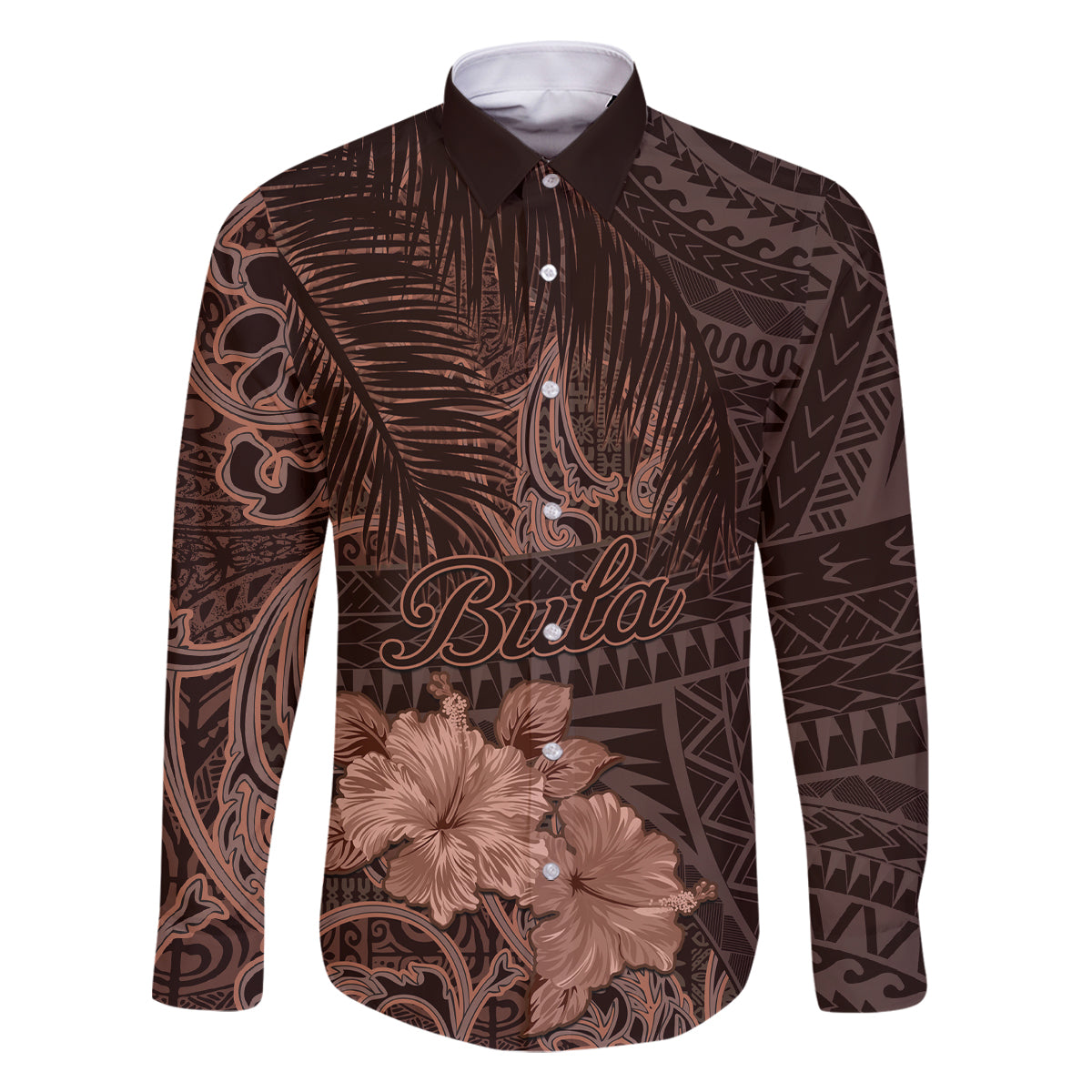 Bula Fiji Masi Family Matching Tank Maxi Dress and Hawaiian Shirt Fijian Tapa Vintage Dark Brown Version LT01 Dad's Shirt - Long Sleeve Brown - Polynesian Pride