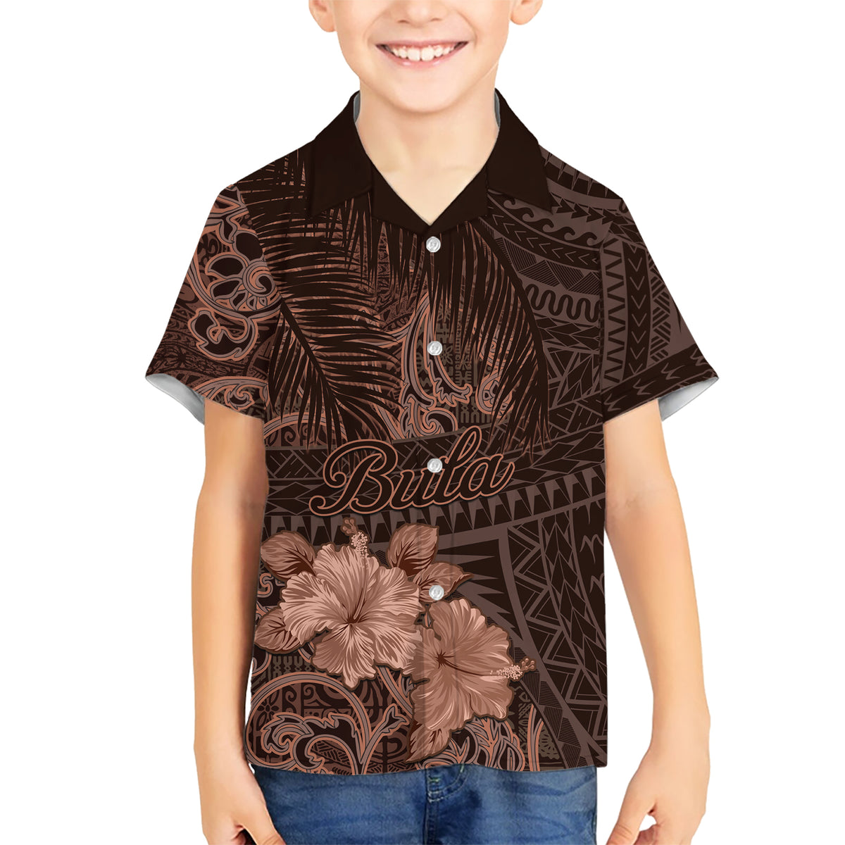 Bula Fiji Masi Kid Hawaiian Shirt Fijian Tapa Vintage Dark Brown Version LT01 Kid Brown - Polynesian Pride