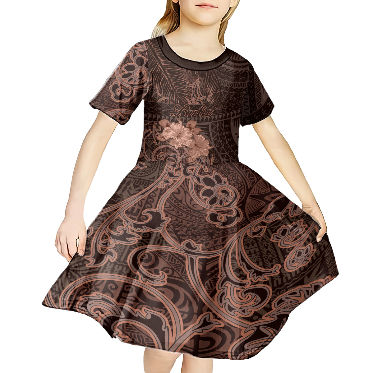 Bula Fiji Masi Kid Short Sleeve Dress Fijian Tapa Vintage Dark Brown Version LT01 - Polynesian Pride