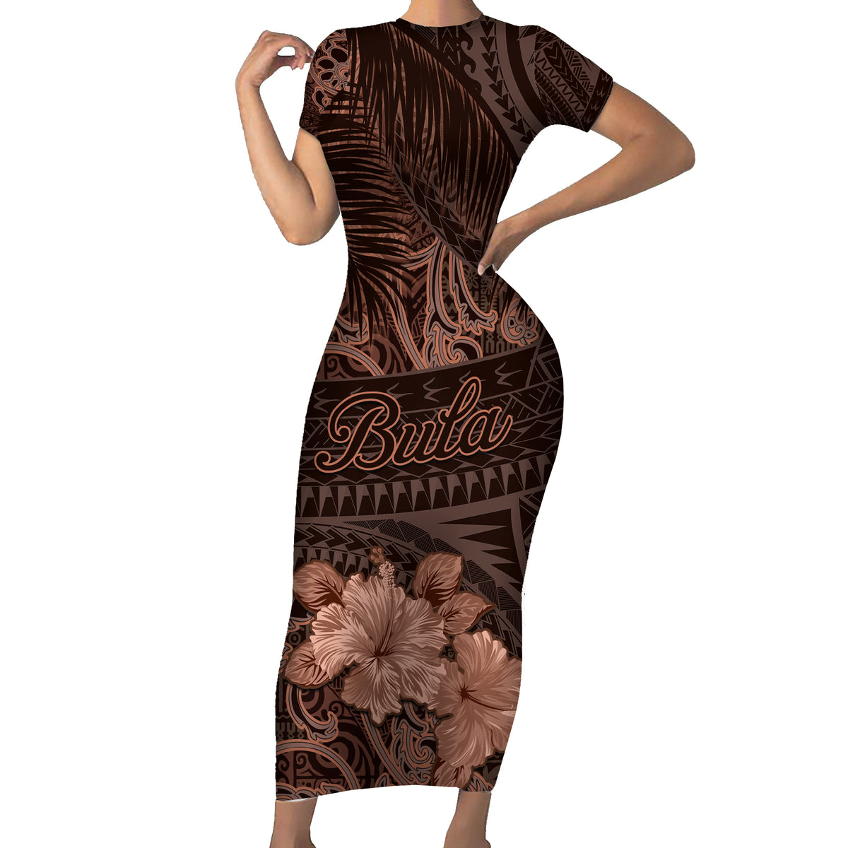 Bula Fiji Masi Short Sleeve Bodycon Dress Fijian Tapa Vintage Dark Brown Version LT01 Long Dress Brown - Polynesian Pride