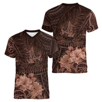 Bula Fiji Masi Women V Neck T Shirt Fijian Tapa Vintage Dark Brown Version LT01 - Polynesian Pride