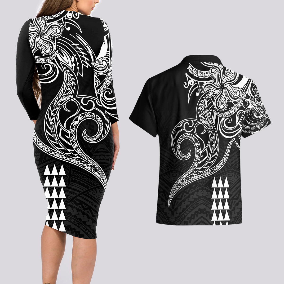 Hawaii Valentine Couples Matching Long Sleeve Bodycon Dress and Hawaiian Shirt Kakau Polynesian Heart LT01 - Polynesian Pride