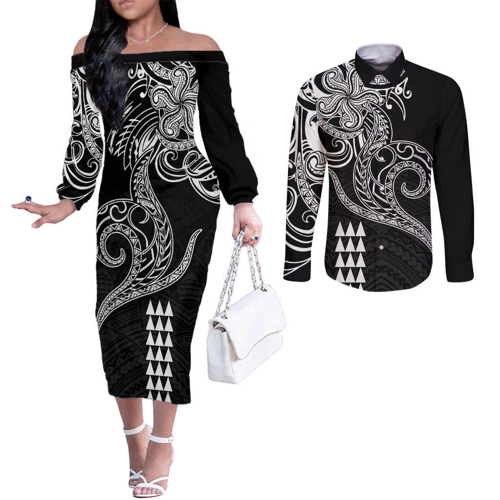 Hawaii Valentine Couples Matching Off The Shoulder Long Sleeve Dress and Long Sleeve Button Shirt Kakau Polynesian Heart LT01 Black - Polynesian Pride