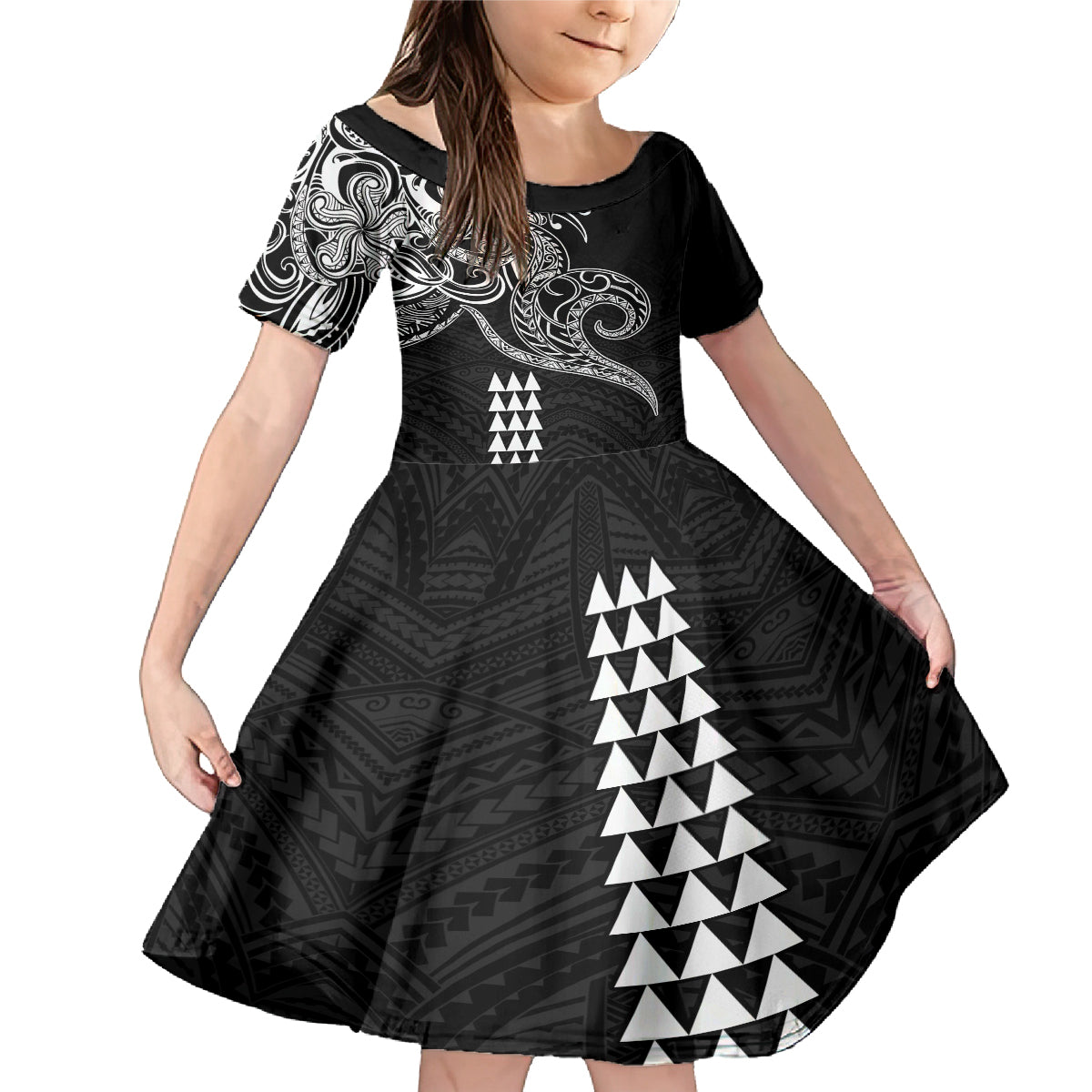 Hawaii Valentine Family Matching Mermaid Dress and Hawaiian Shirt Kakau Polynesian Heart LT01 Daughter's Dress Black - Polynesian Pride