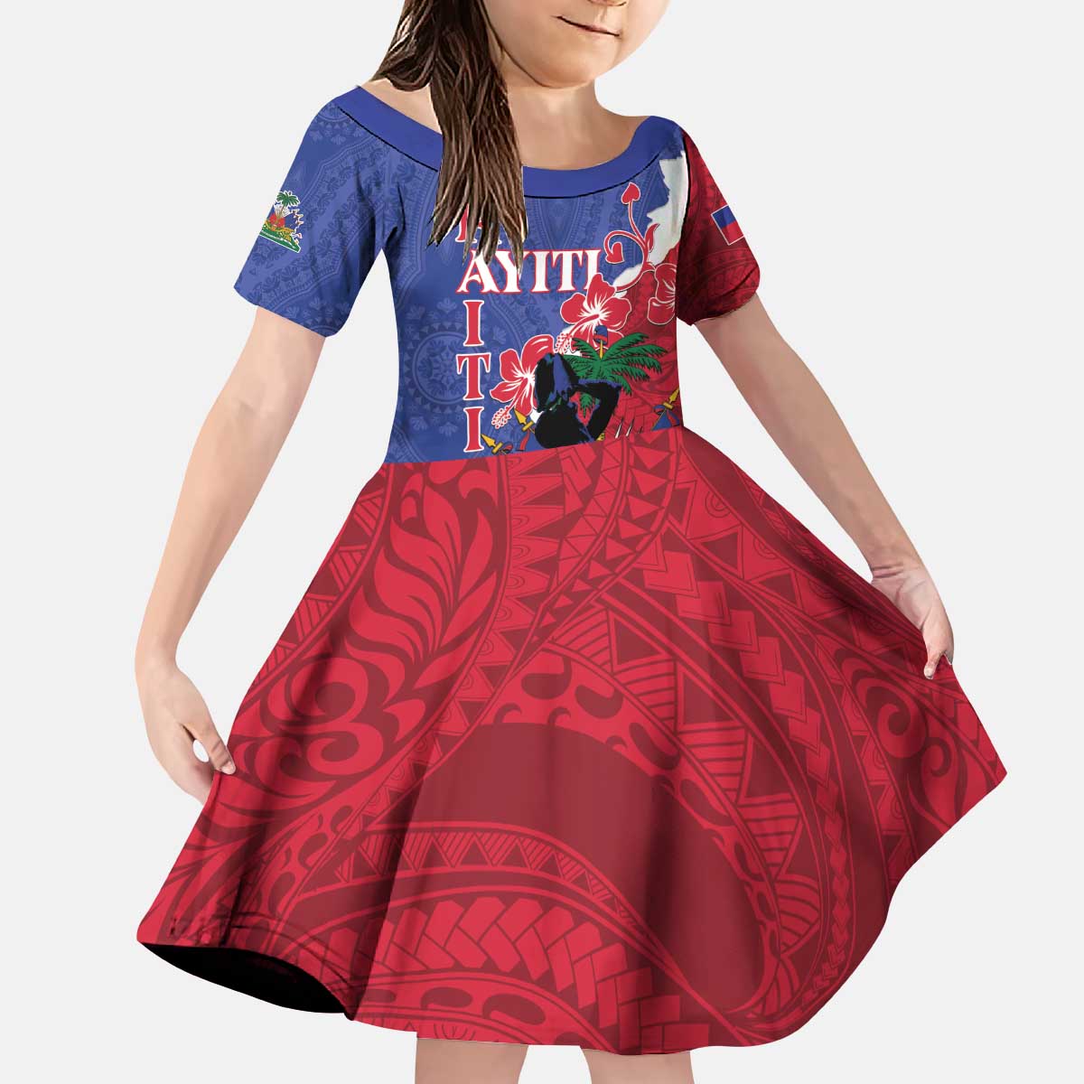 Personalised Haiti Le Marron Inconnu Kid Short Sleeve Dress Dashiki Mix Polynesian Pattern LT01 KID Blue - Polynesian Pride