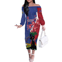 Personalised Haiti Le Marron Inconnu Off The Shoulder Long Sleeve Dress Dashiki Mix Polynesian Pattern LT01 Women Blue - Polynesian Pride