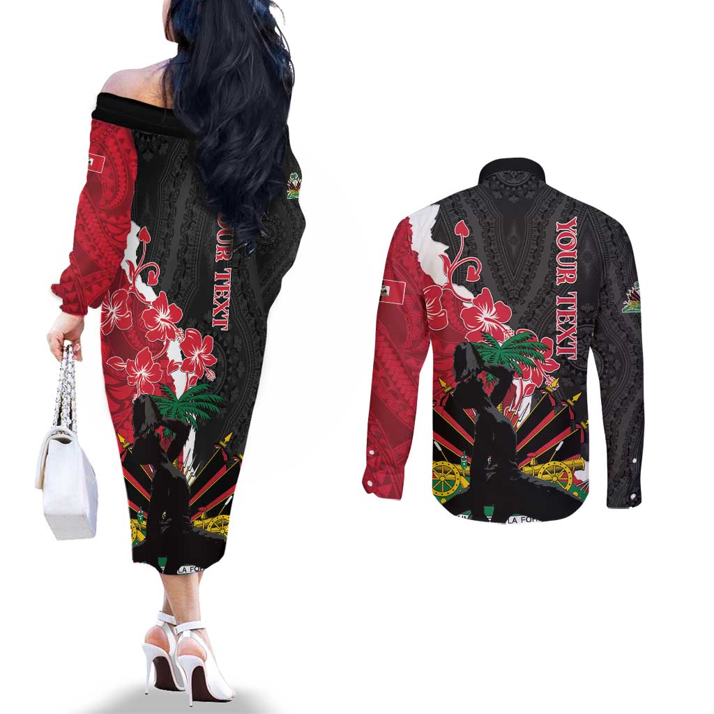 Personalised Ayiti Neg Marron Couples Matching Off The Shoulder Long Sleeve Dress and Long Sleeve Button Shirt Dashiki Mix Polynesian Pattern