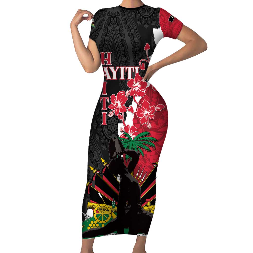 Personalised Ayiti Neg Marron Short Sleeve Bodycon Dress Dashiki Mix Polynesian Pattern LT01 Long Dress Black - Polynesian Pride