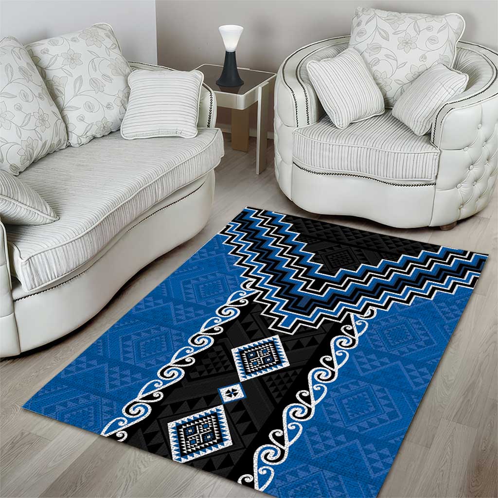 Blue Niho Taniwha Mix Poutama Area Rug Unique Taniko Aotearoa