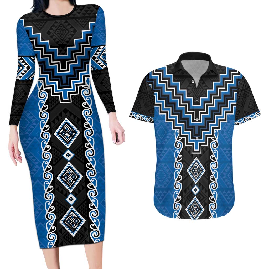 Blue Niho Taniwha Mix Poutama Couples Matching Long Sleeve Bodycon Dress and Hawaiian Shirt Unique Taniko Aotearoa