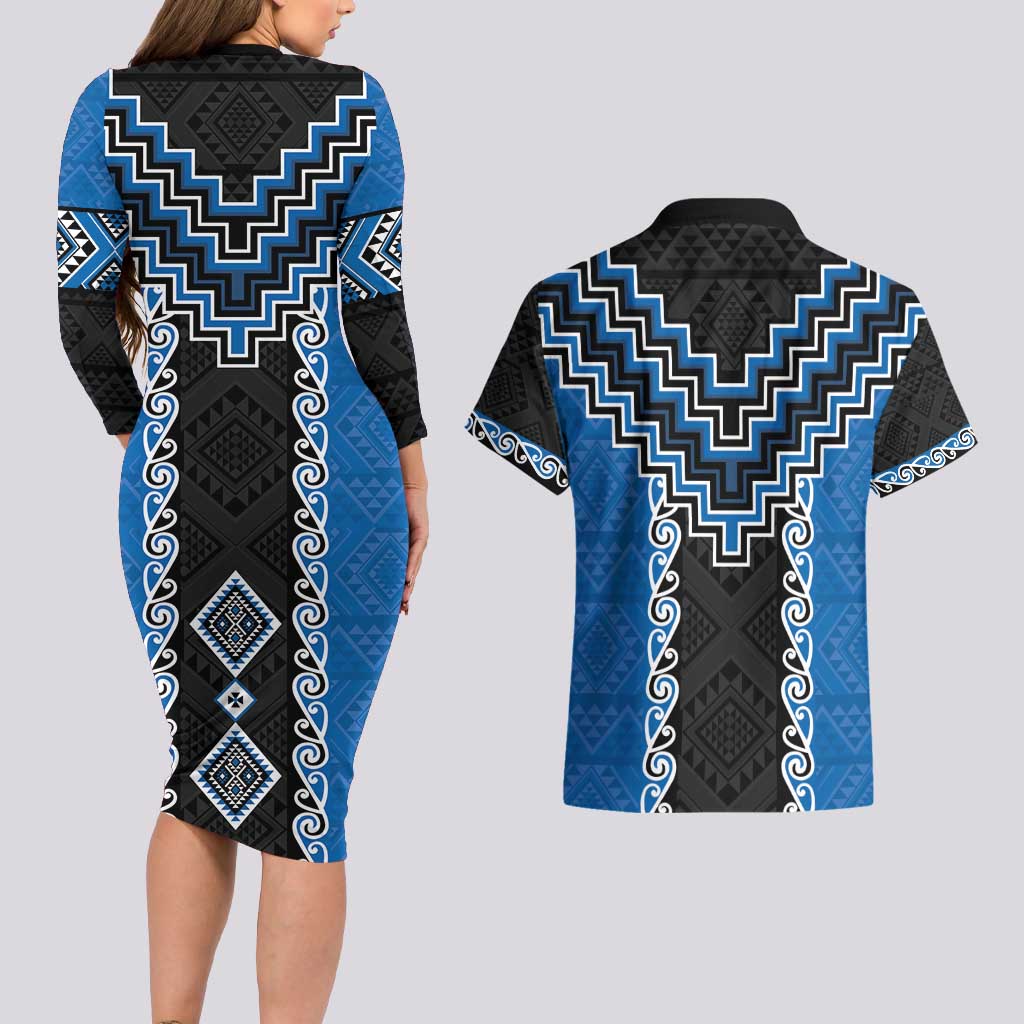 Blue Niho Taniwha Mix Poutama Couples Matching Long Sleeve Bodycon Dress and Hawaiian Shirt Unique Taniko Aotearoa