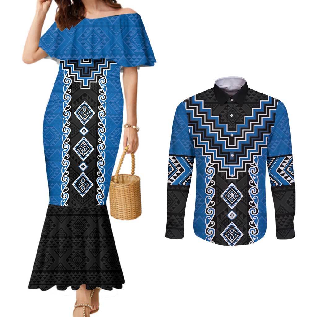 Blue Niho Taniwha Mix Poutama Couples Matching Mermaid Dress and Long Sleeve Button Shirt Unique Taniko Aotearoa
