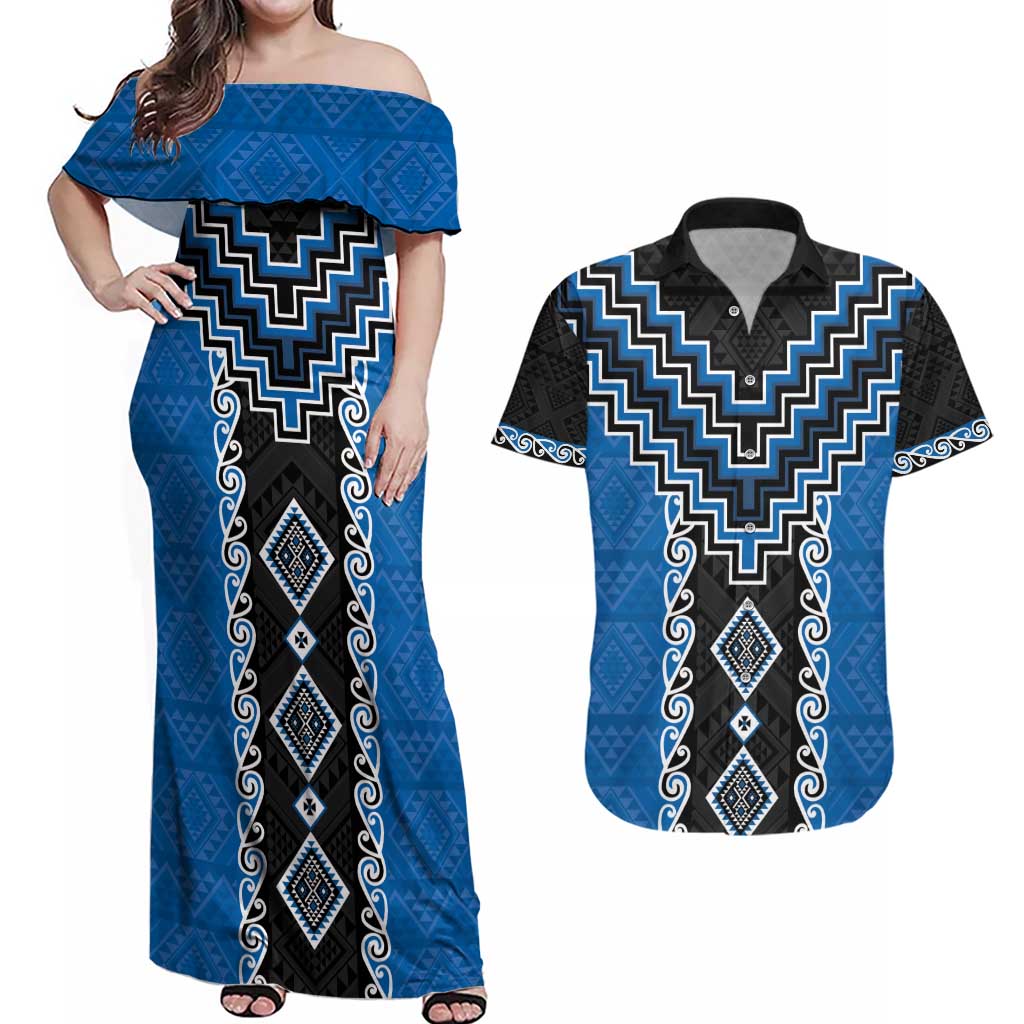Blue Niho Taniwha Mix Poutama Couples Matching Off Shoulder Maxi Dress and Hawaiian Shirt Unique Taniko Aotearoa
