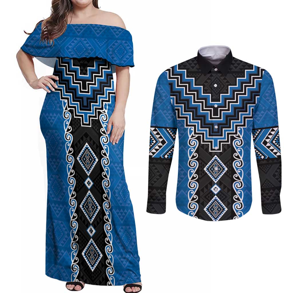Blue Niho Taniwha Mix Poutama Couples Matching Off Shoulder Maxi Dress and Long Sleeve Button Shirt Unique Taniko Aotearoa