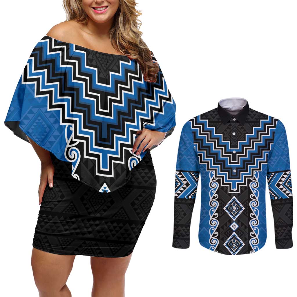 Blue Niho Taniwha Mix Poutama Couples Matching Off Shoulder Short Dress and Long Sleeve Button Shirt Unique Taniko Aotearoa