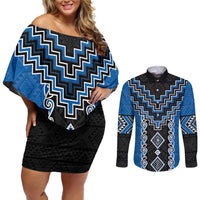 Blue Niho Taniwha Mix Poutama Couples Matching Off Shoulder Short Dress and Long Sleeve Button Shirt Unique Taniko Aotearoa