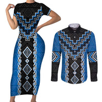 Blue Niho Taniwha Mix Poutama Couples Matching Short Sleeve Bodycon Dress and Long Sleeve Button Shirt Unique Taniko Aotearoa