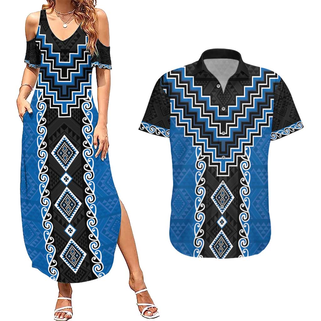 Blue Niho Taniwha Mix Poutama Couples Matching Summer Maxi Dress and Hawaiian Shirt Unique Taniko Aotearoa