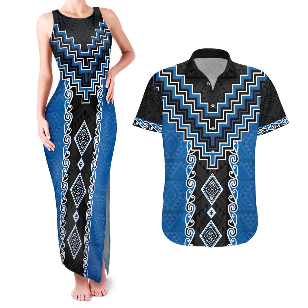 Blue Niho Taniwha Mix Poutama Couples Matching Tank Maxi Dress and Hawaiian Shirt Unique Taniko Aotearoa LT01 Blue - Polynesian Pride