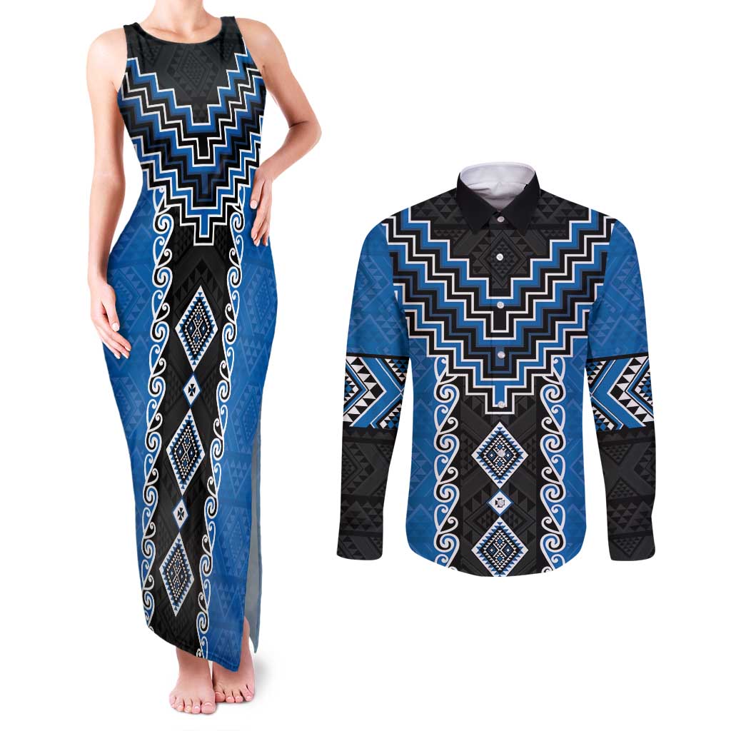 Blue Niho Taniwha Mix Poutama Couples Matching Tank Maxi Dress and Long Sleeve Button Shirt Unique Taniko Aotearoa