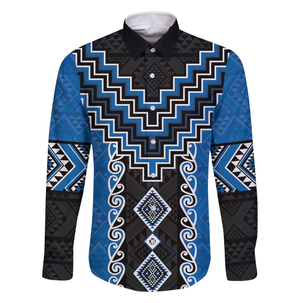 Blue Niho Taniwha Mix Poutama Family Matching Summer Maxi Dress and Hawaiian Shirt Unique Taniko Aotearoa