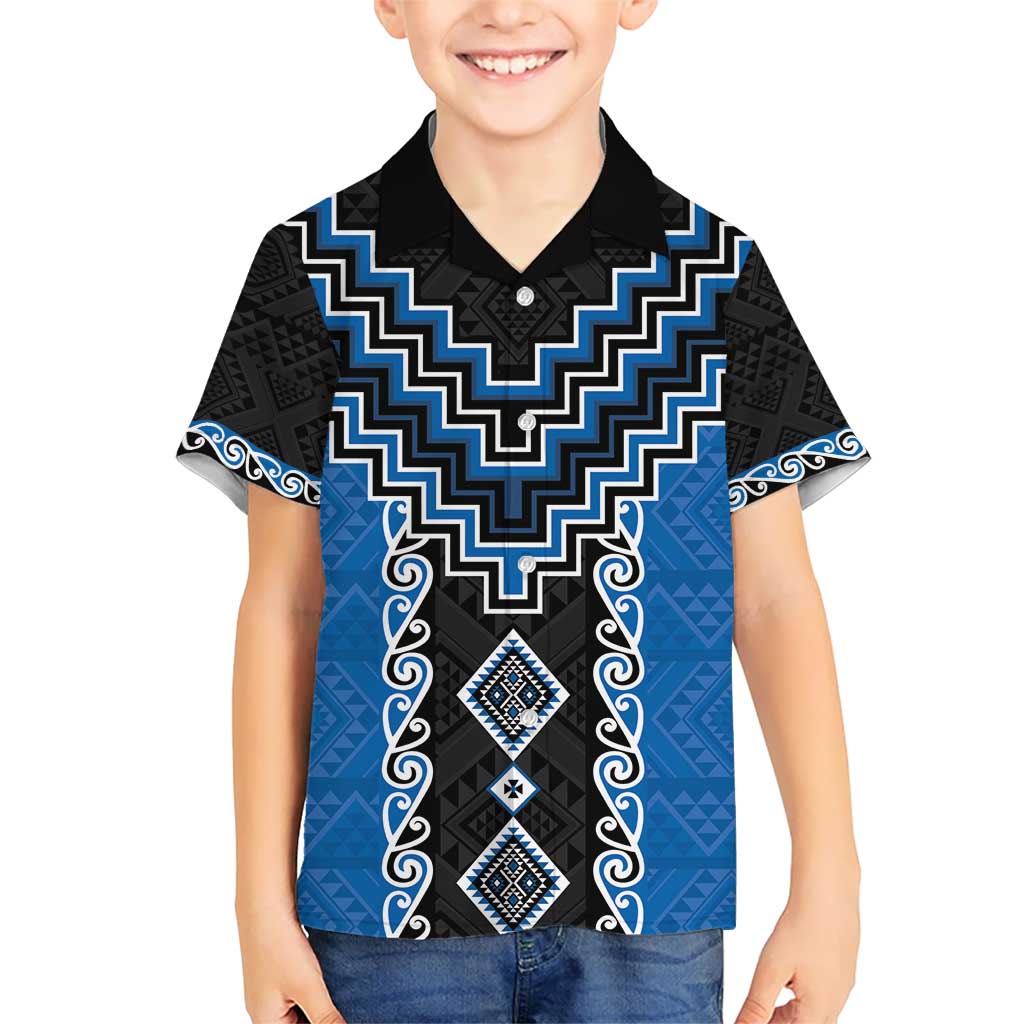Blue Niho Taniwha Mix Poutama Kid Hawaiian Shirt Unique Taniko Aotearoa LT01 Kid Blue - Polynesian Pride