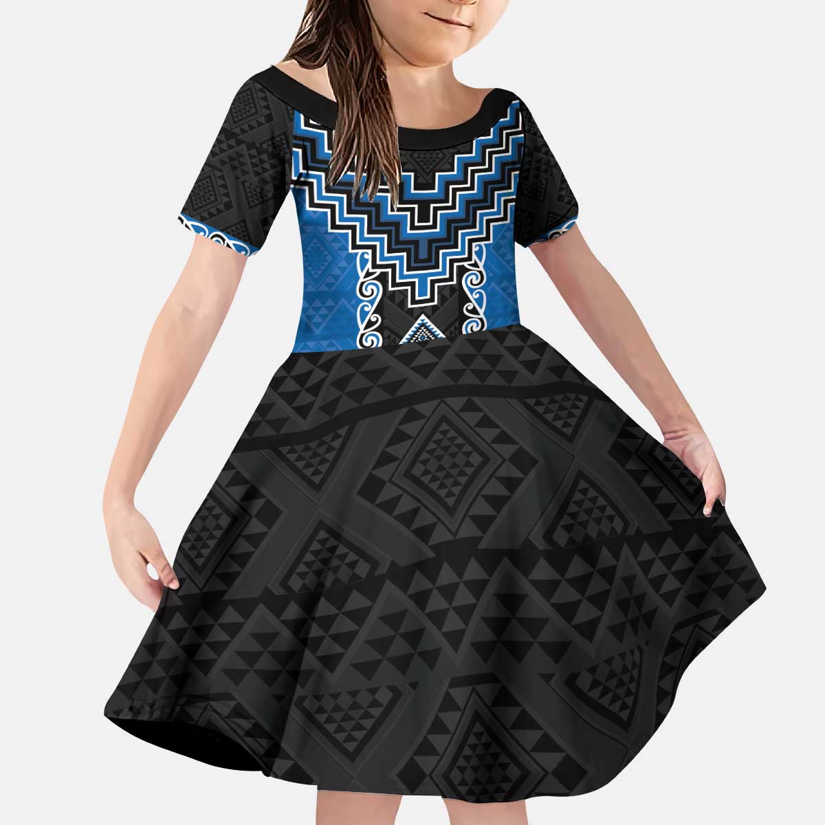 Blue Niho Taniwha Mix Poutama Kid Short Sleeve Dress Unique Taniko Aotearoa