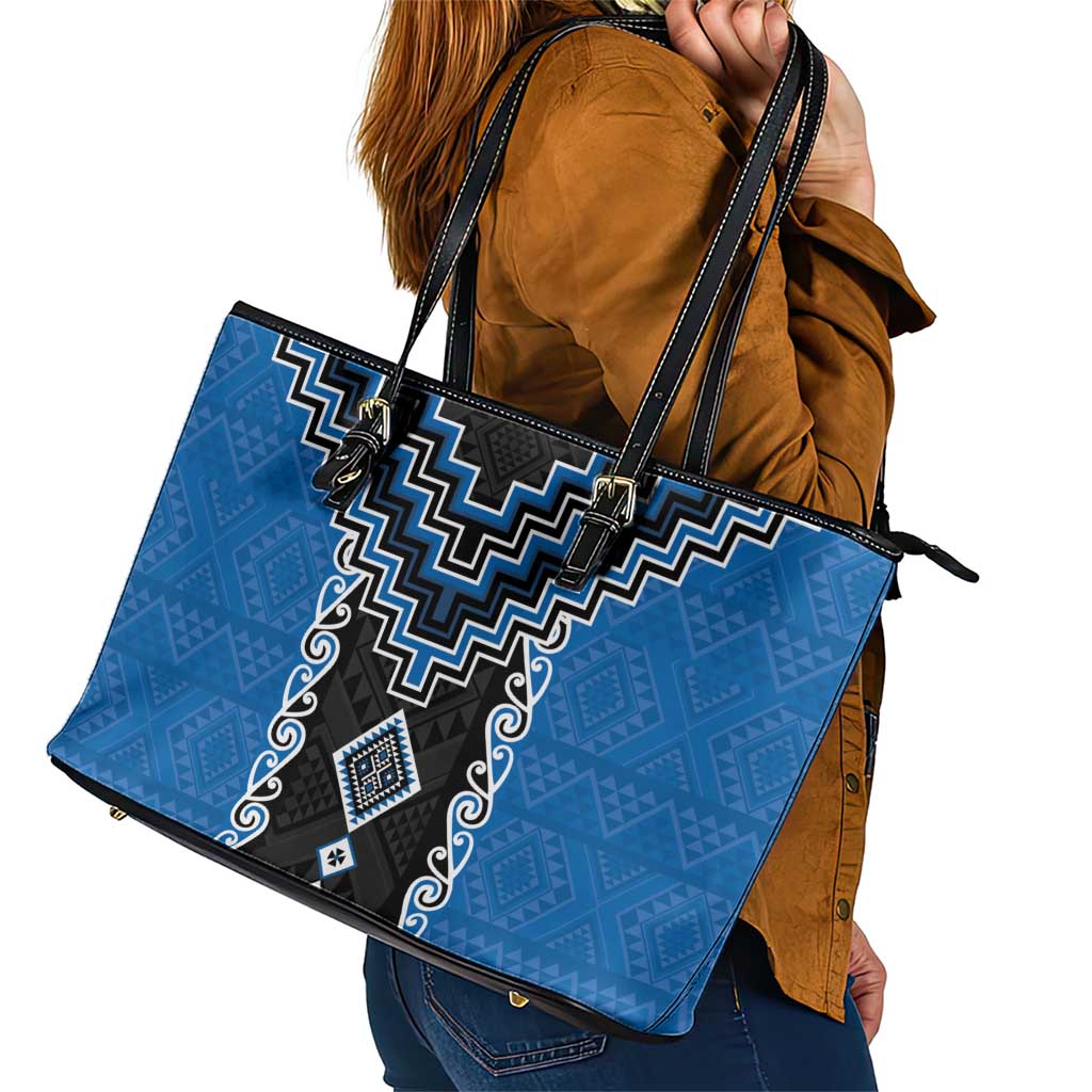 Blue Niho Taniwha Mix Poutama Leather Tote Bag Unique Taniko Aotearoa