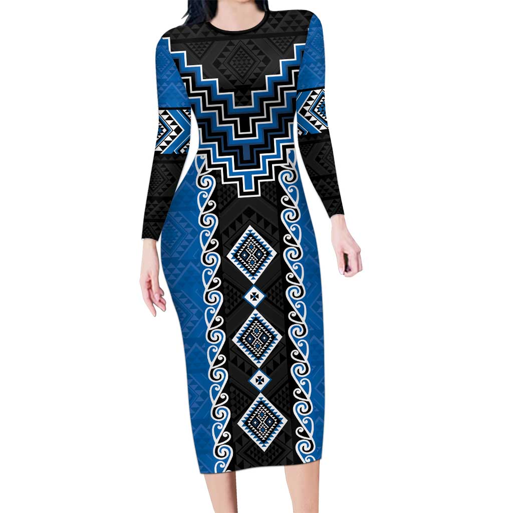 Blue Niho Taniwha Mix Poutama Long Sleeve Bodycon Dress Unique Taniko Aotearoa