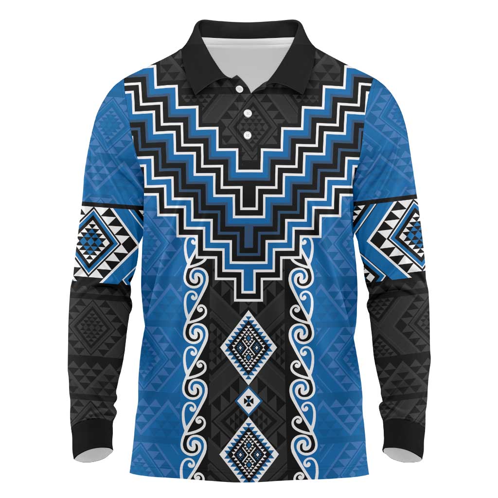 Blue Niho Taniwha Mix Poutama Long Sleeve Polo Shirt Unique Taniko Aotearoa LT01 Blue - Polynesian Pride