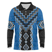 Blue Niho Taniwha Mix Poutama Long Sleeve Polo Shirt Unique Taniko Aotearoa LT01 Blue - Polynesian Pride