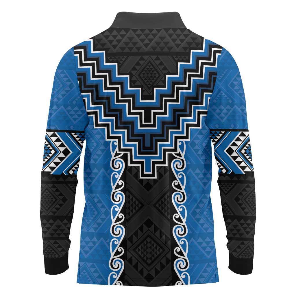 Blue Niho Taniwha Mix Poutama Long Sleeve Polo Shirt Unique Taniko Aotearoa LT01 - Polynesian Pride