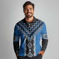 Blue Niho Taniwha Mix Poutama Long Sleeve Polo Shirt Unique Taniko Aotearoa LT01 - Polynesian Pride