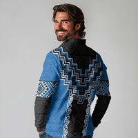 Blue Niho Taniwha Mix Poutama Long Sleeve Polo Shirt Unique Taniko Aotearoa LT01 - Polynesian Pride