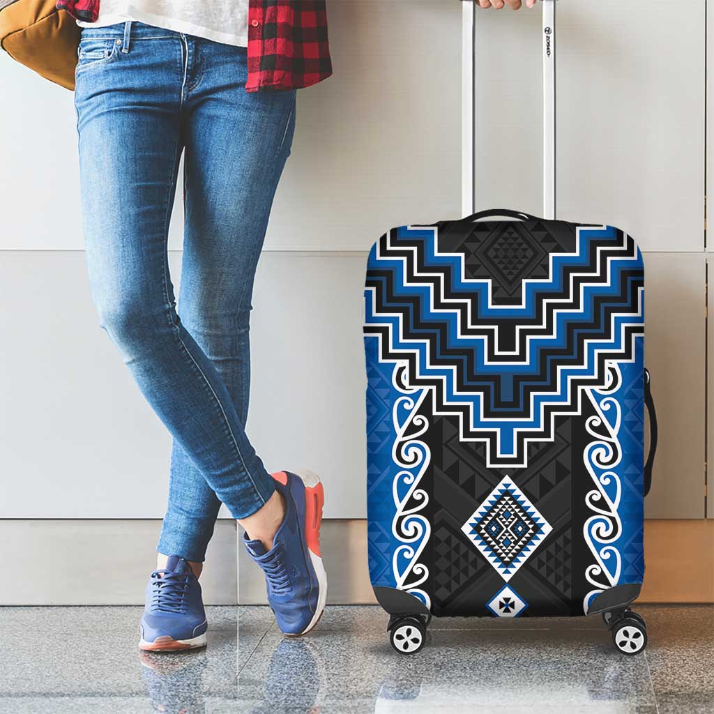 Blue Niho Taniwha Mix Poutama Luggage Cover Unique Taniko Aotearoa