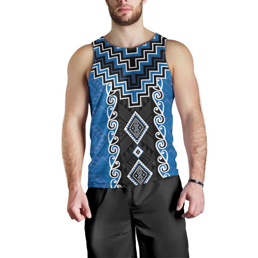 Blue Niho Taniwha Mix Poutama Men Tank Top Unique Taniko Aotearoa