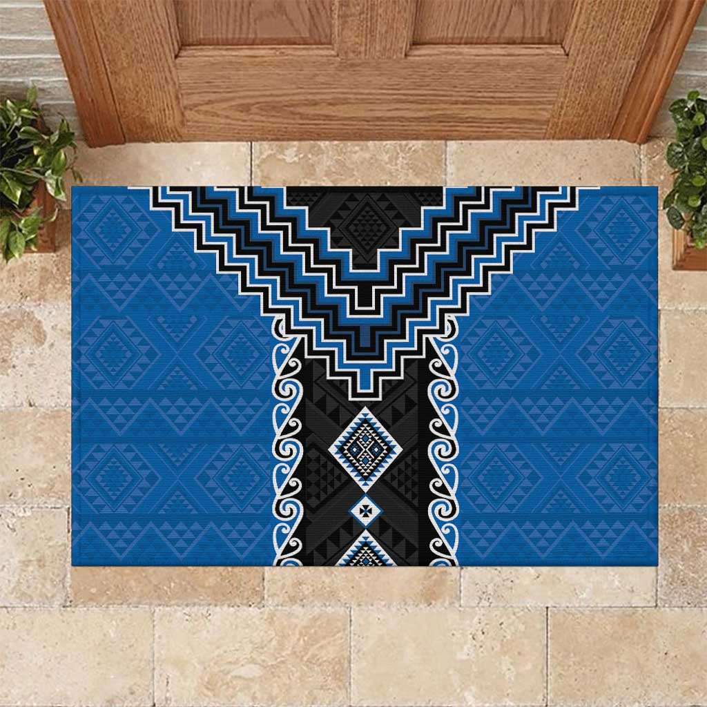Blue Niho Taniwha Mix Poutama Rubber Doormat Unique Taniko Aotearoa
