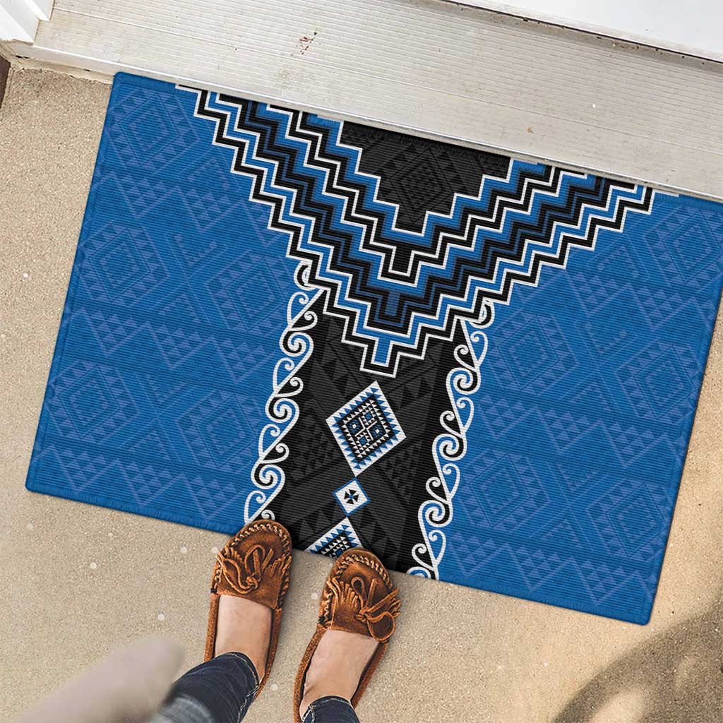Blue Niho Taniwha Mix Poutama Rubber Doormat Unique Taniko Aotearoa