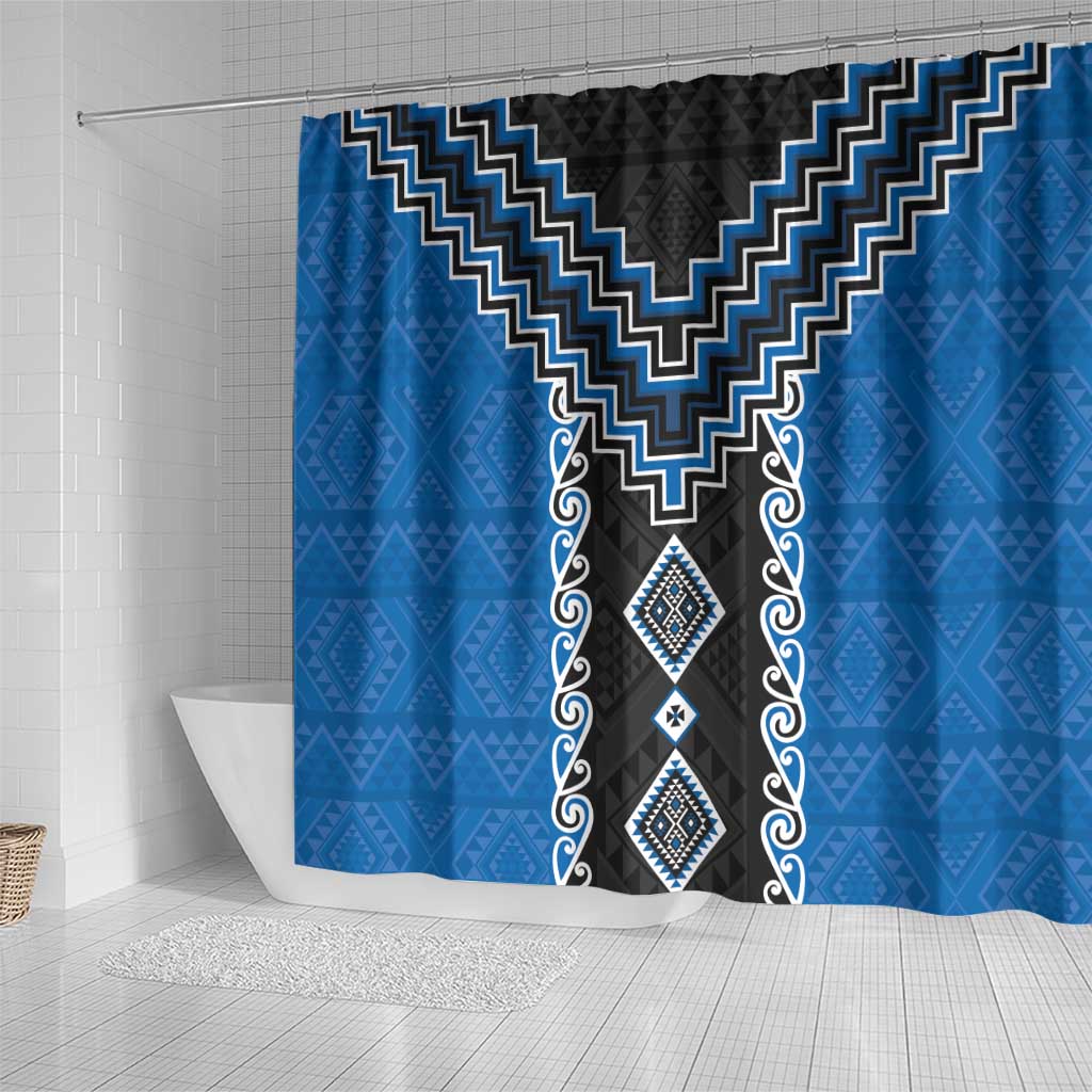 Blue Niho Taniwha Mix Poutama Shower Curtain Unique Taniko Aotearoa