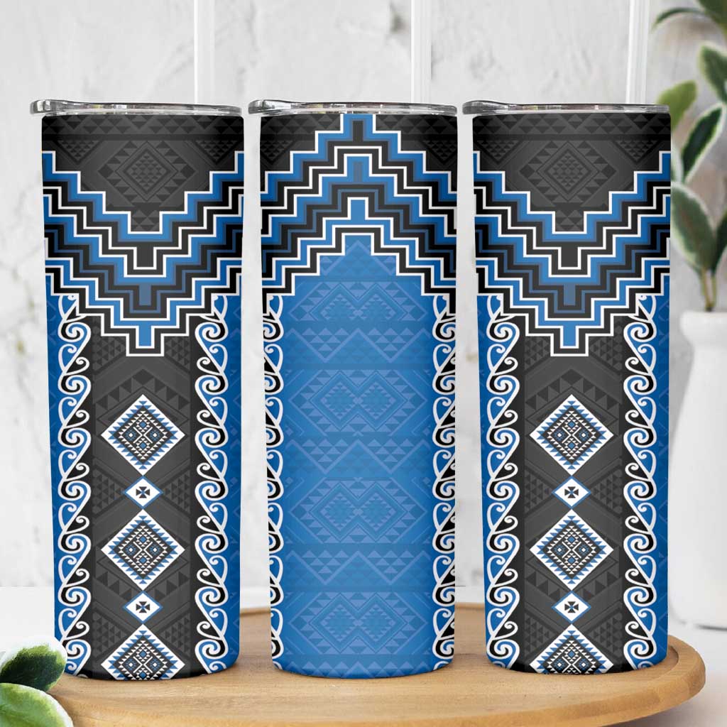 Blue Niho Taniwha Mix Poutama Skinny Tumbler Unique Taniko Aotearoa