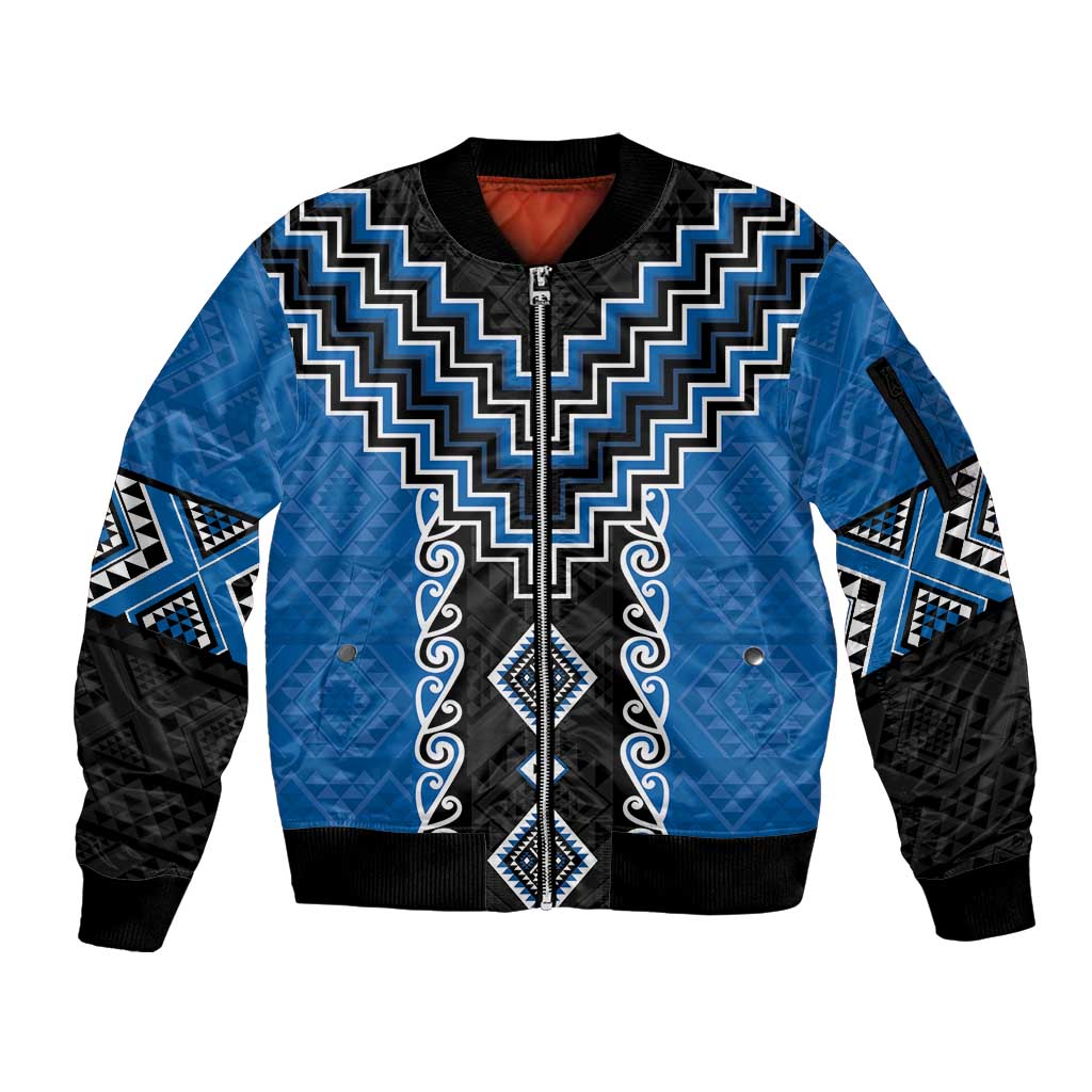 Blue Niho Taniwha Mix Poutama Sleeve Zip Bomber Jacket Unique Taniko Aotearoa