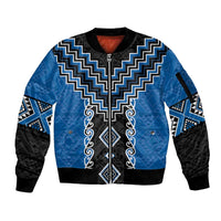 Blue Niho Taniwha Mix Poutama Sleeve Zip Bomber Jacket Unique Taniko Aotearoa