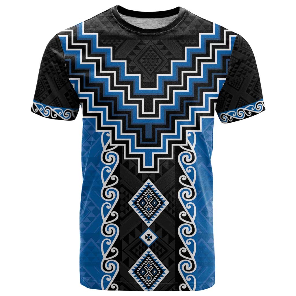 Blue Niho Taniwha Mix Poutama T Shirt Unique Taniko Aotearoa