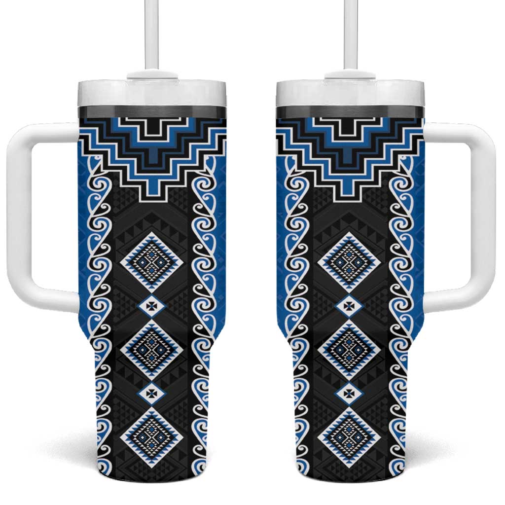 Blue Niho Taniwha Mix Poutama Tumbler With Handle Unique Taniko Aotearoa