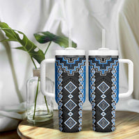 Blue Niho Taniwha Mix Poutama Tumbler With Handle Unique Taniko Aotearoa