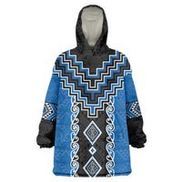 Blue Niho Taniwha Mix Poutama Wearable Blanket Hoodie Unique Taniko Aotearoa