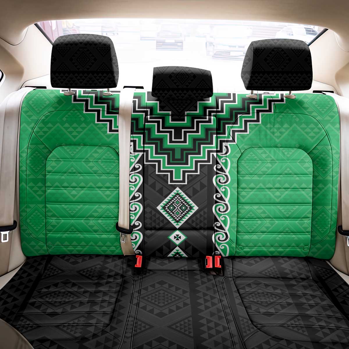 Green Niho Taniwha Mix Poutama Back Car Seat Cover Unique Taniko Aotearoa
